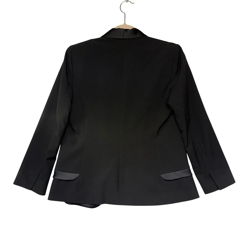 MNG by Mango Womens Black Tuxedo Blazer Satin Shawl Lapel Open Front Jacket Sz 6